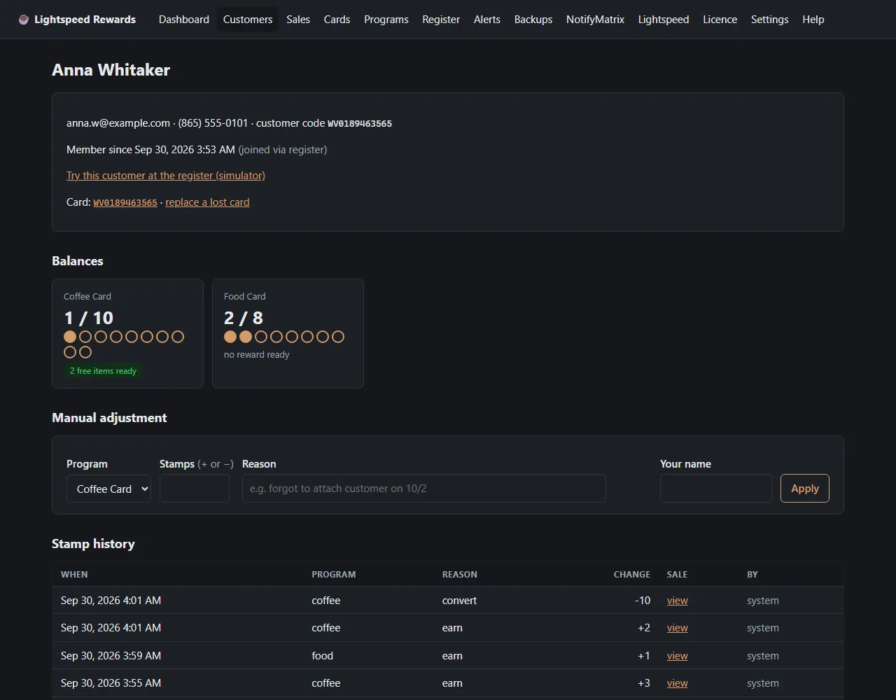 Lightspeed Rewards customer page with coffee and food card balances, a manual adjustment form, and stamp history