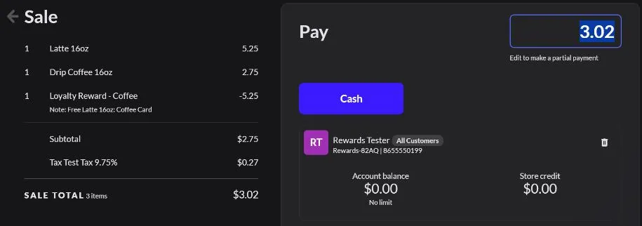 Lightspeed register sale with a latte, a drip coffee, and a Loyalty Reward line that makes the latte free
