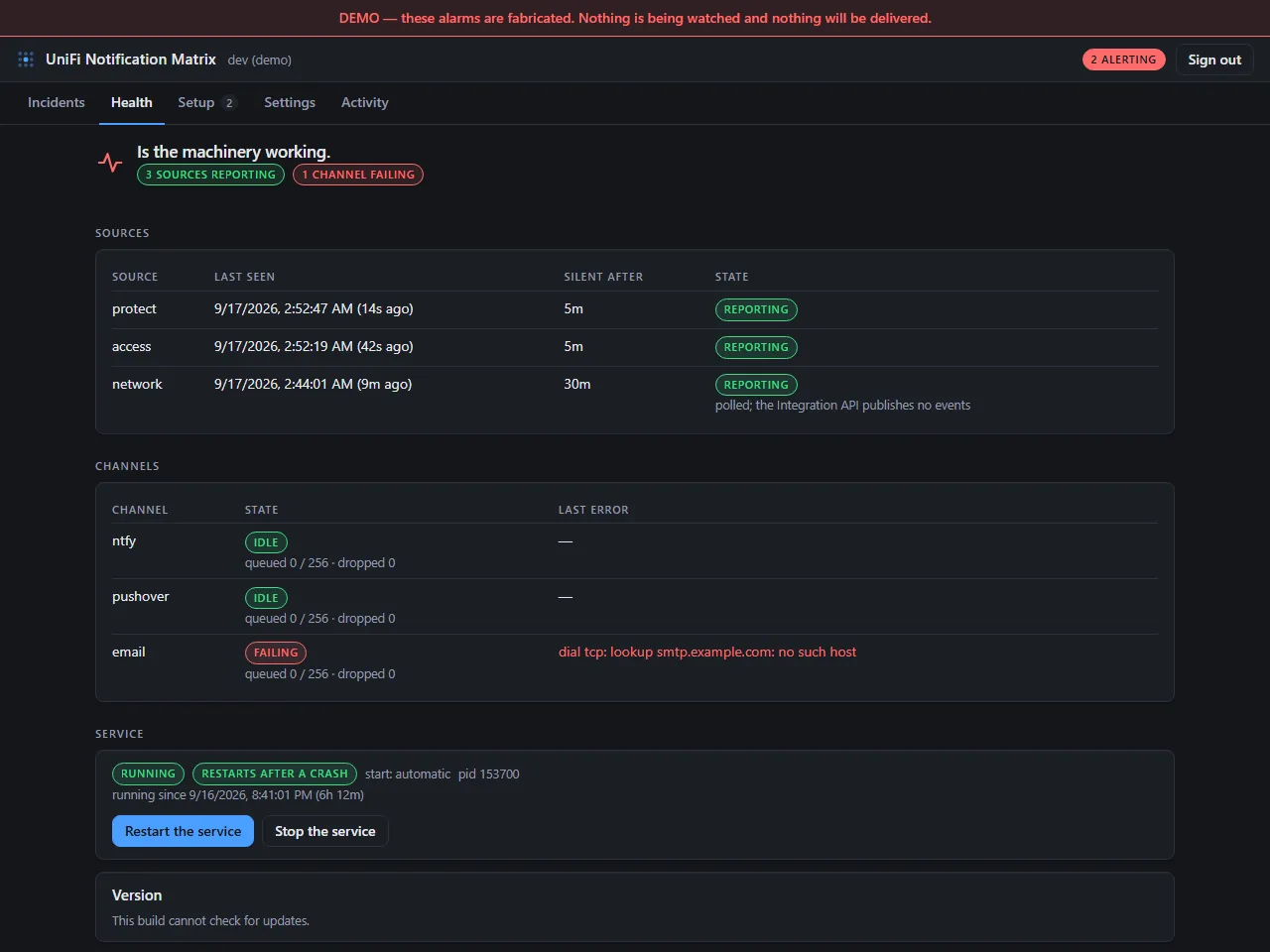 Notification Matrix health tab showing three reporting sources with last-seen times, channel states with one failing, and service status
