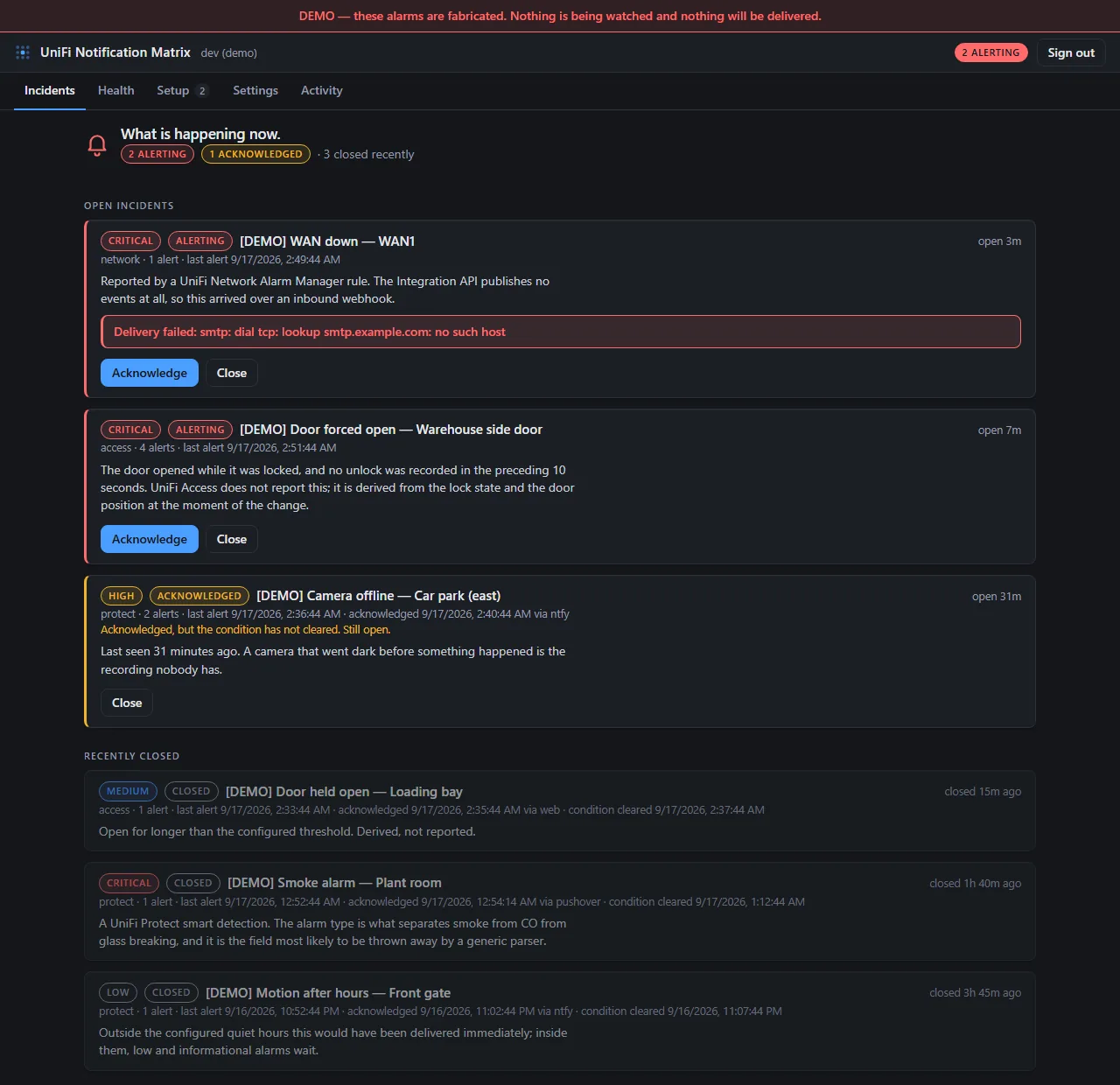 Notification Matrix incident board listing open and recently closed incidents with severity, source, alert counts, and acknowledge and close buttons