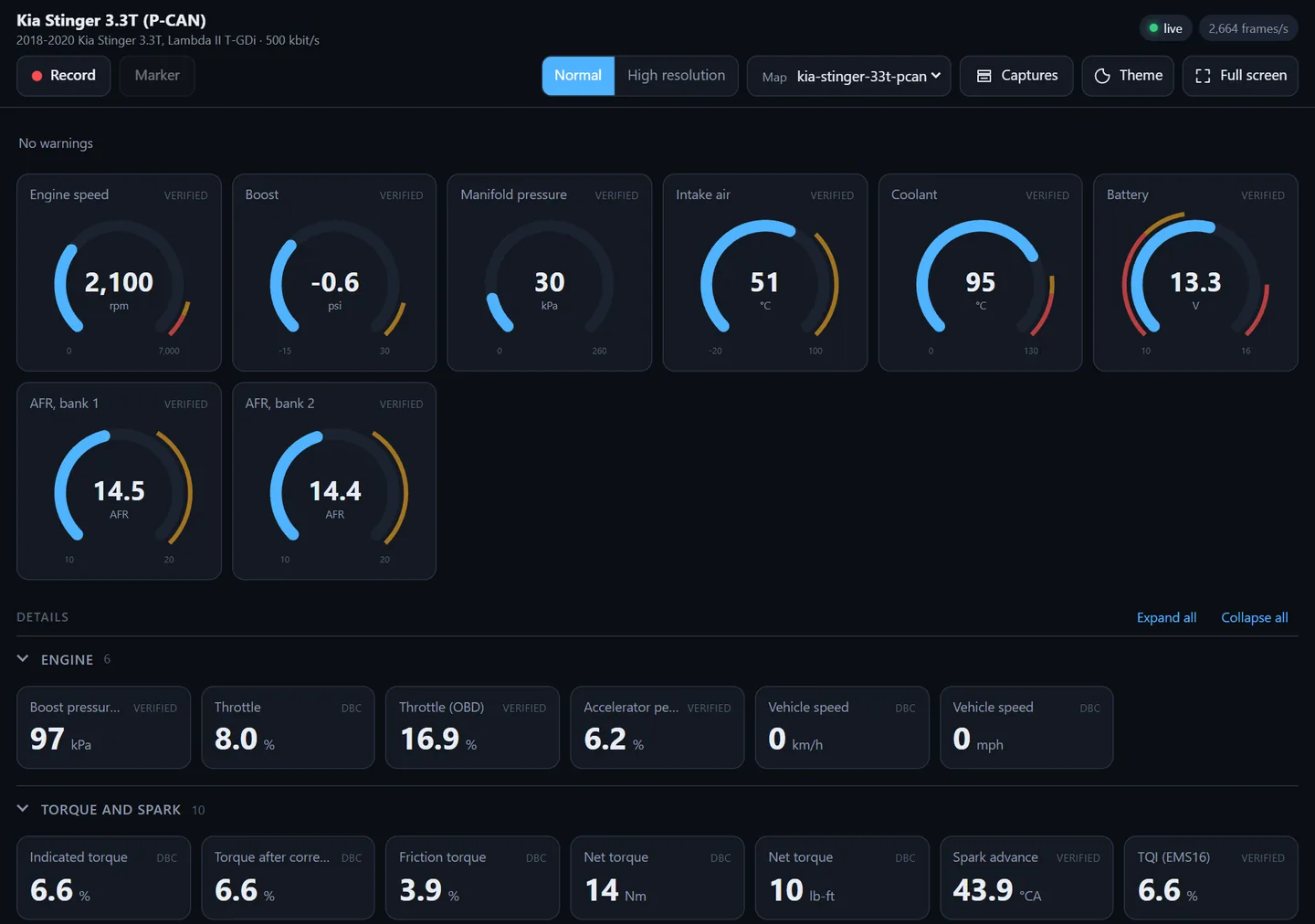 PandaCapture dashboard with gauges for engine speed, boost, manifold pressure, intake air, coolant, battery and air-fuel ratio