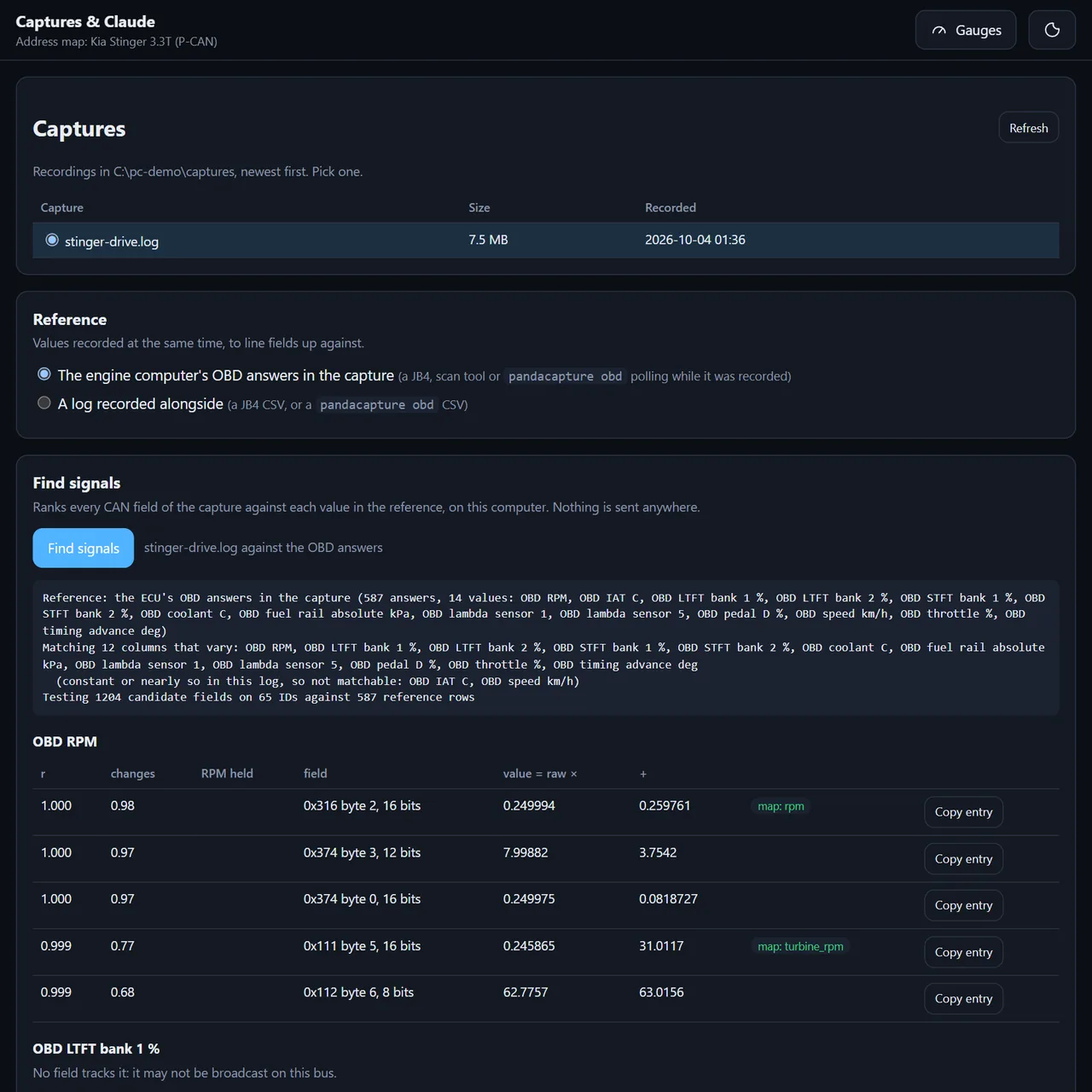 PandaCapture captures page with a reference selection and a ranked table of CAN fields matching OBD engine speed