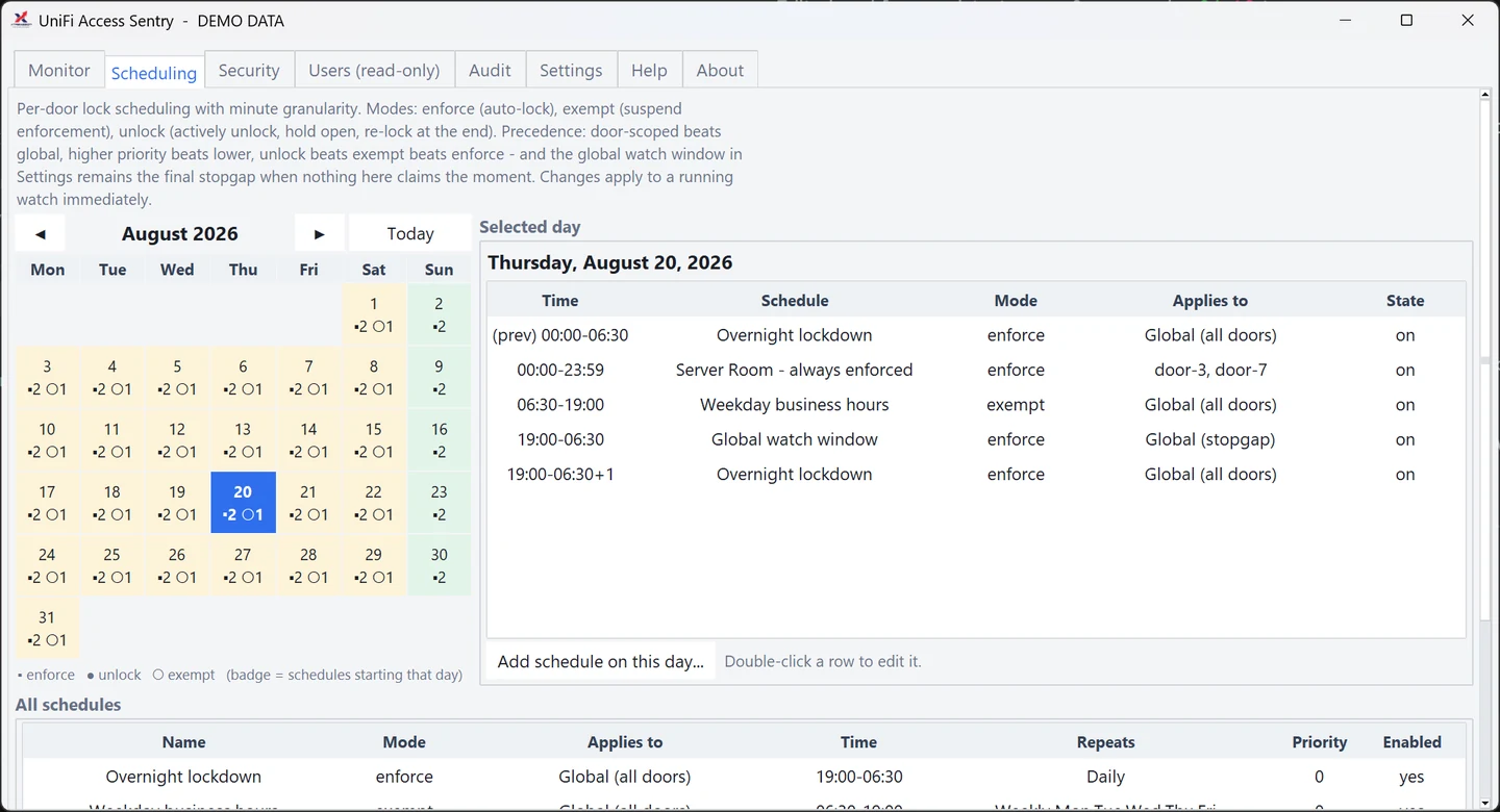 Sentry scheduling tab with a month calendar and the resolved schedule list for the selected day